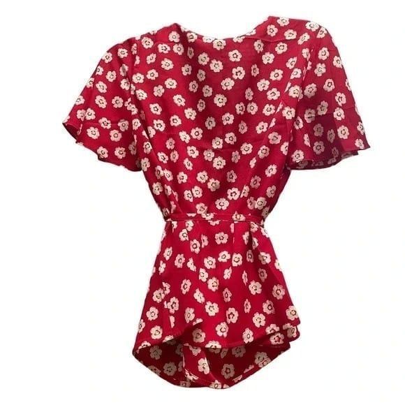 One Size Red Floral Faux Wrap Blouse - Picture 2 of 3